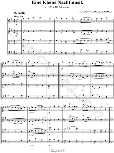 Eine Kleine Nachtmusik: III. Menuetto - String Quartet Score