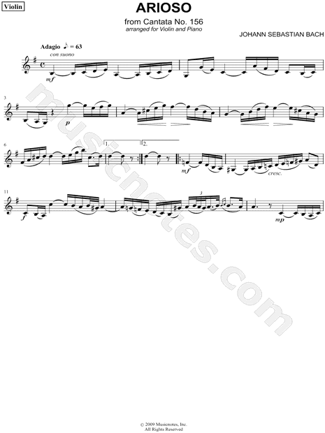 Arioso from Cantata No. 156, for Violin and Piano - Violin Part