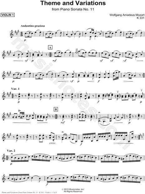 Theme and Variations from Piano Sonata No.11, K 331 - Violin (Part 1)