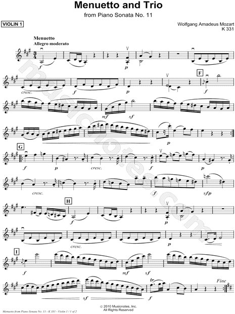 Menuetto and Trio from Piano Sonata No. 11, K 331 - Violin (Part 1)