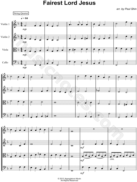 Fairest Lord Jesus - String Quartet (Score)