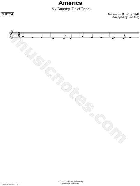 America (My Country 'Tis of Thee) - Flute Part 4 (Flute Quartet)