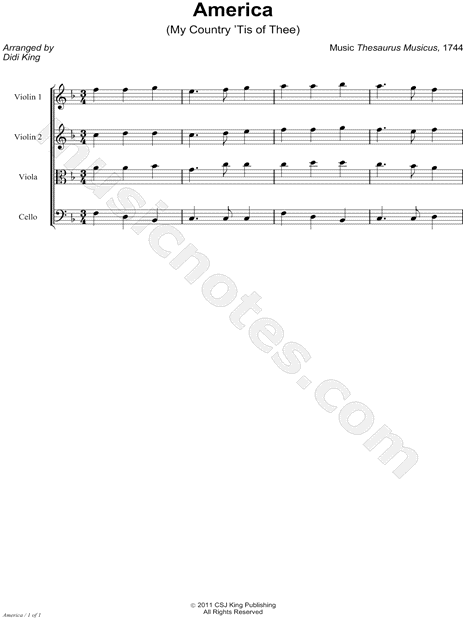 America (My Country 'Tis of Thee) - String Quartet Score
