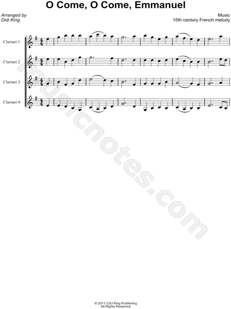 O Come, O Come, Emmanuel - Clarinet Quartet Score