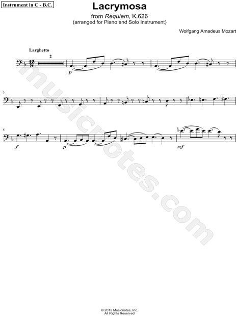 Lacrymosa, from Requiem K. 626 - Bass Clef Instrument