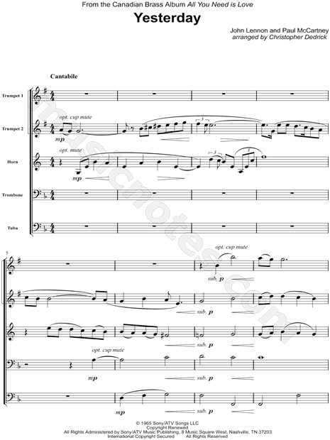 Yesterday - Brass Quintet Score