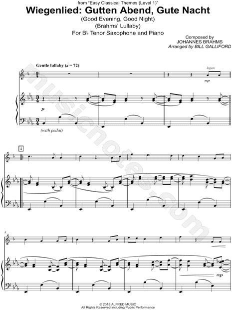 Brahms' Lullaby (Wiegenlied) - Tenor Saxophone & Piano