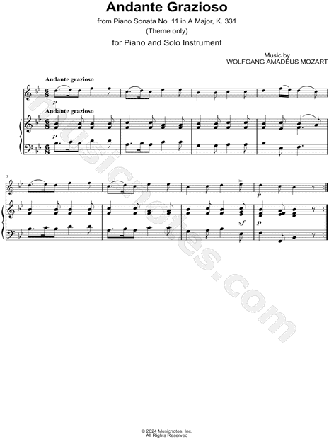 Sonata No. 11 in A Major, K. 331: 1. Andante Grazioso (Theme) - C Instrument & Piano